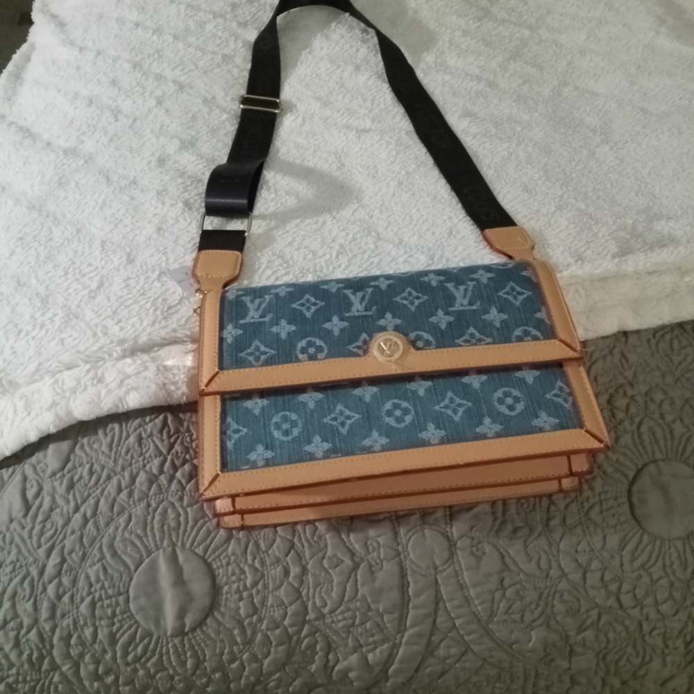Denim and Tan Crossbody Bag With Navy Logo Adjustable Strap. FIRM PRICE